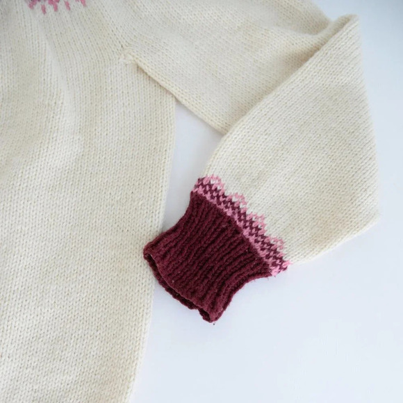 Vintage Handmade Grandma Cream Knit Pink Fair Isle Icelandic Fisherman Sweater M - Picture 6 of 13